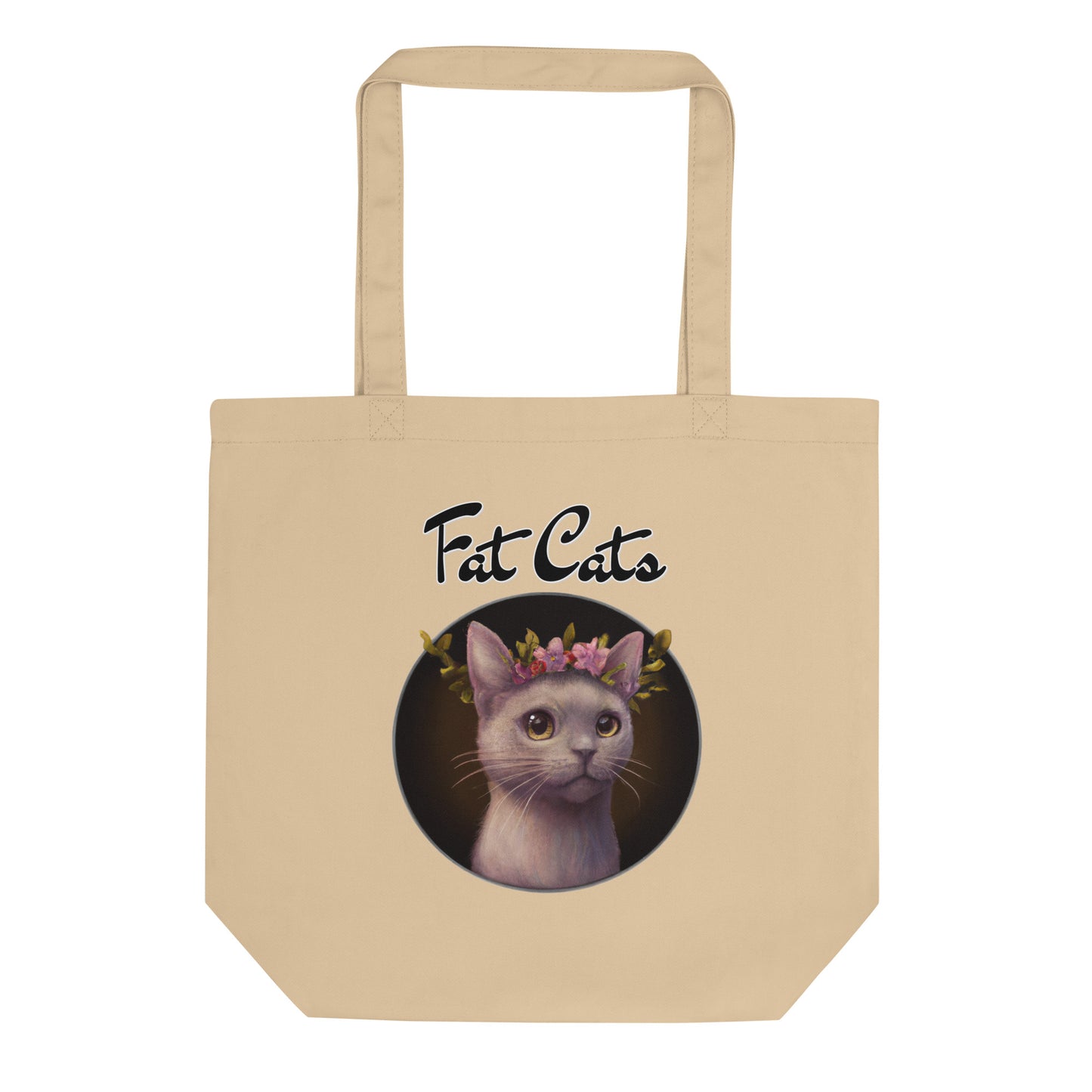 Eco Tote Bag with Gentle Cat With Pink Floral Headpiece with text "Fat Cats" at $26.97 found at Personalizedpetlovergifts