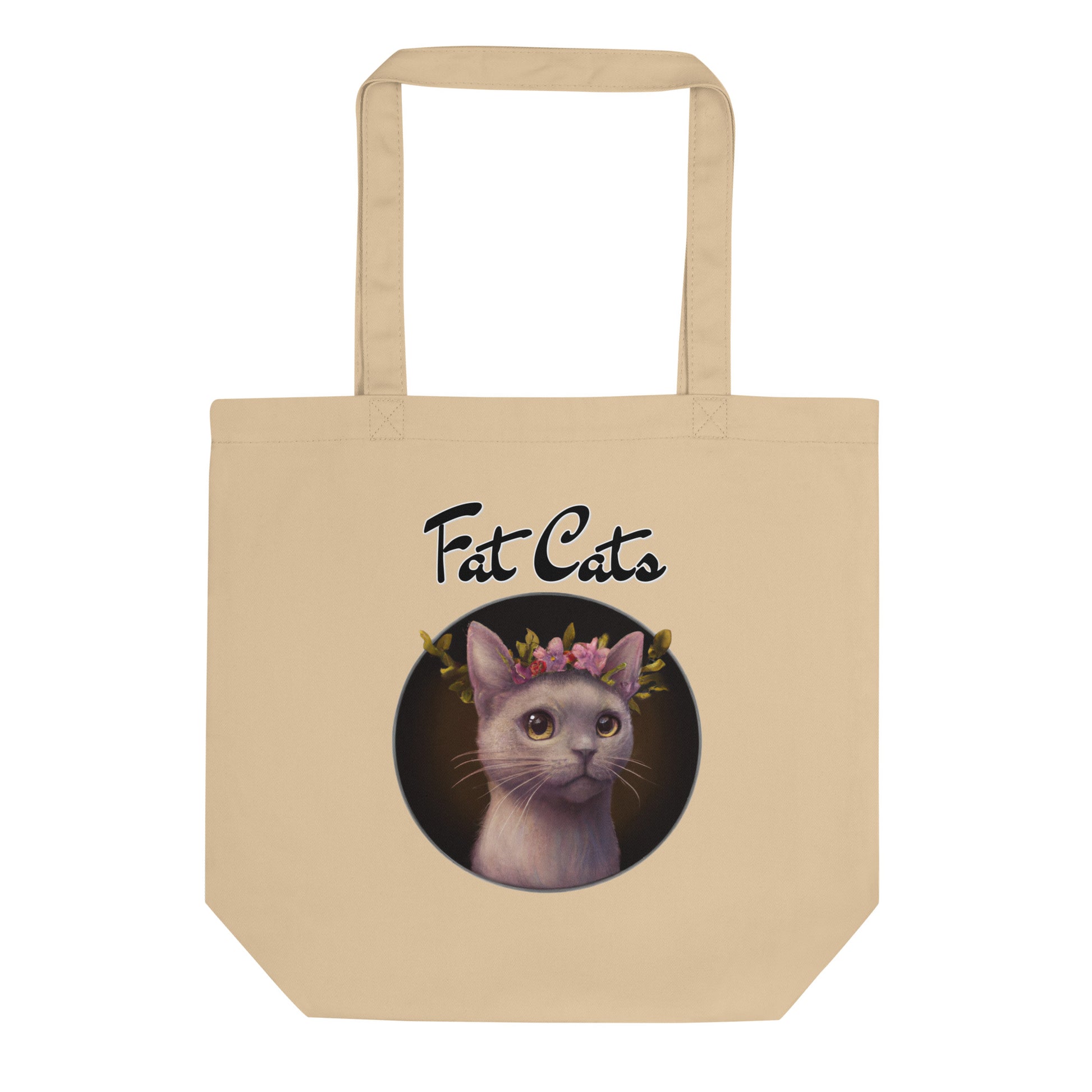 Eco Tote Bag with Gentle Cat With Pink Floral Headpiece with text "Fat Cats" at $26.97 found at Personalizedpetlovergifts