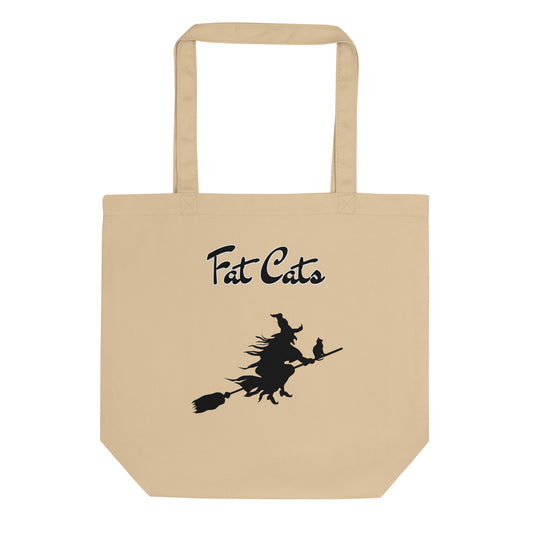 Eco Tote Bag with Flying Witch With Cat On a Broom with text "Fat Cats" at $26.97 found at Personalizedpetlovergifts