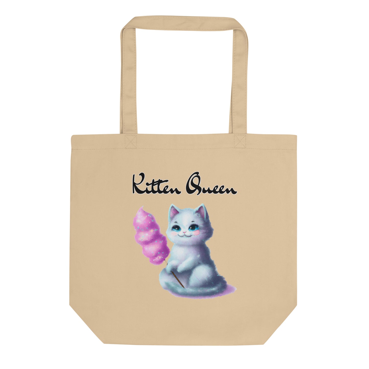 Eco Tote Bag with Kitten Holding A Cotton Candy with text "Kitten Queen" at $26.97 found at Personalizedpetlovergifts