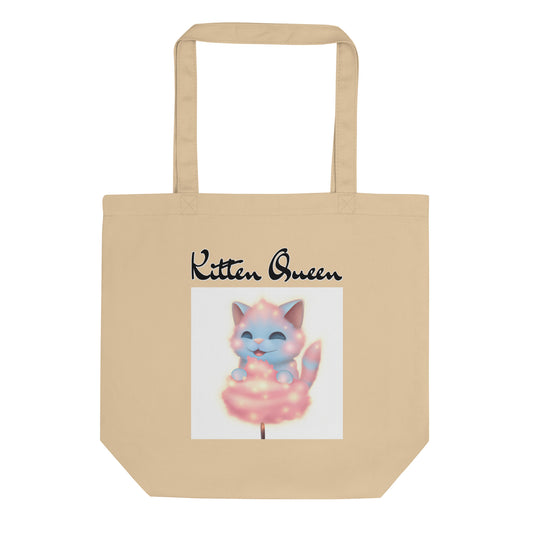 Eco Tote Bag with Kitten Enjoying a Cotton Candy with text "Kitten Queen" at $26.97 found at Personalizedpetlovergifts