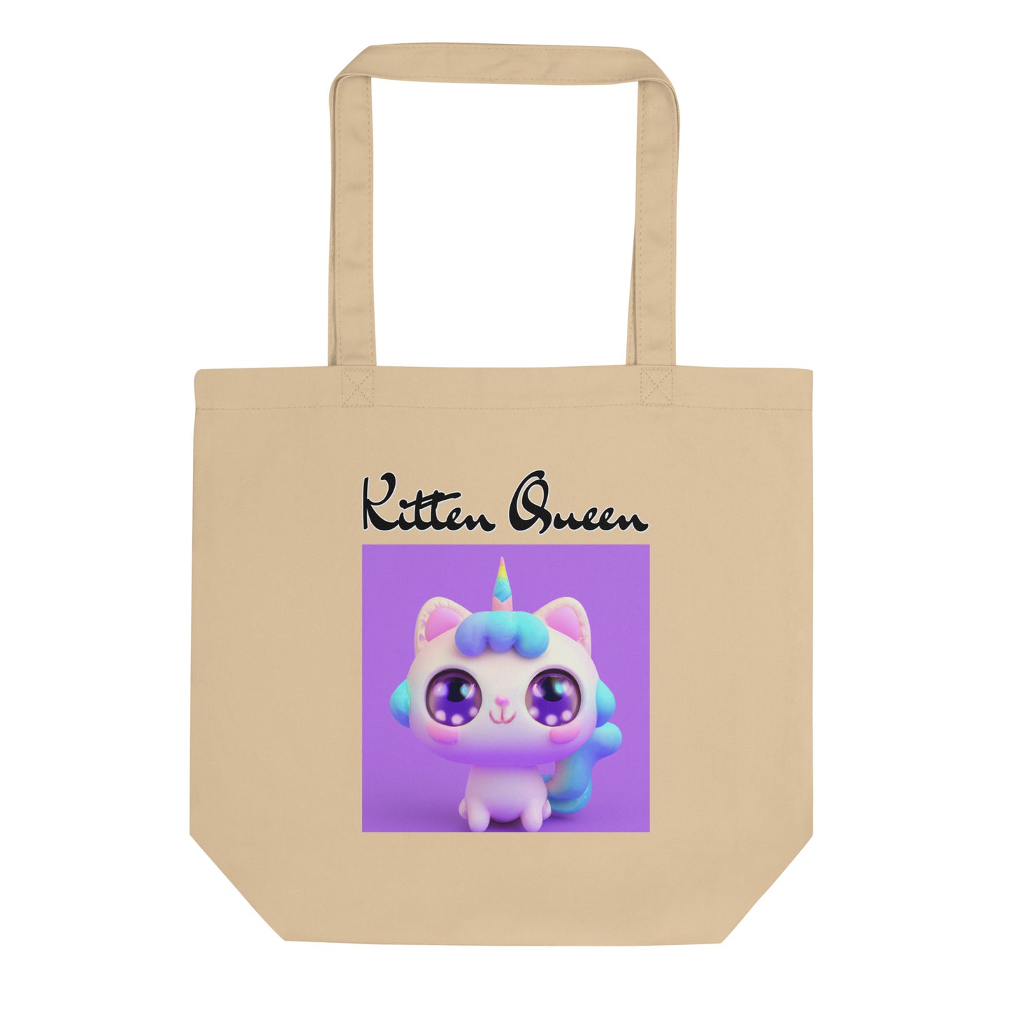 Eco Tote Bag with Happy Unicorn Kitten with text "Kitten Queen" at $26.97 found at Personalizedpetlovergifts