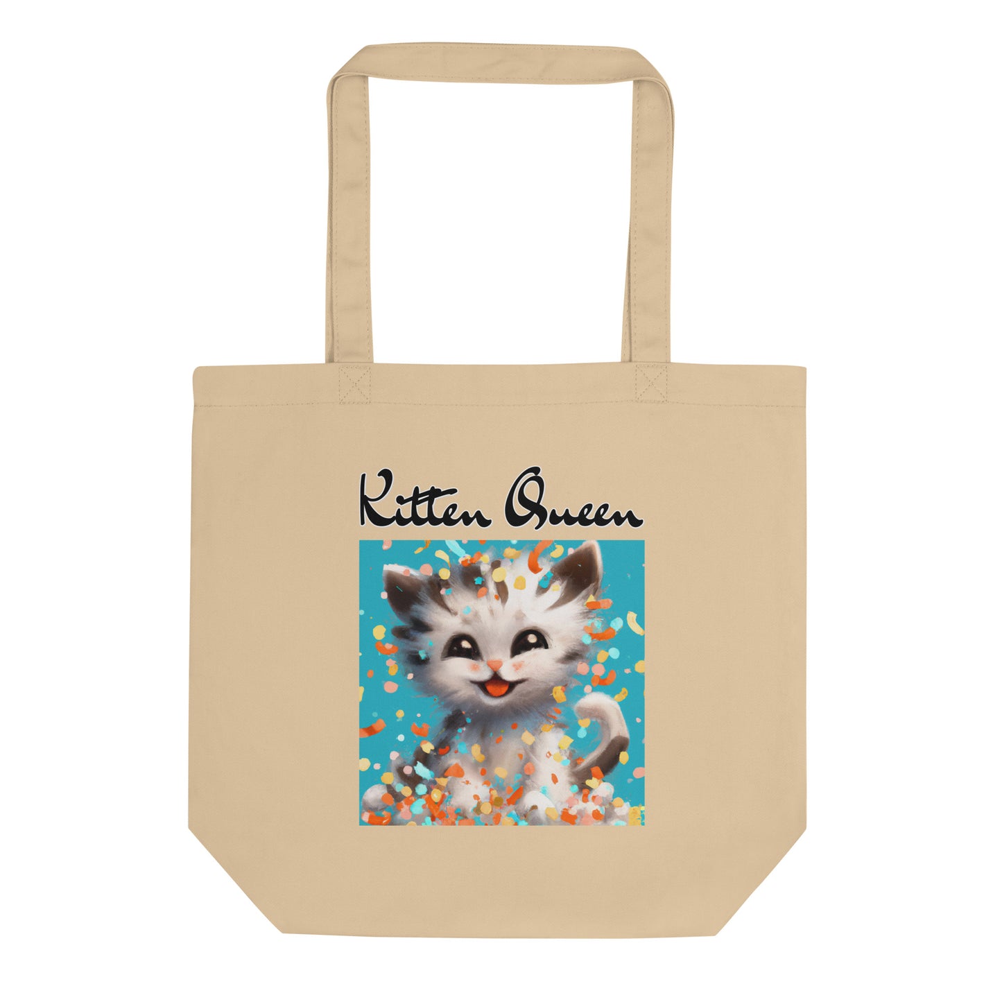 Eco Tote Bag with Happy Kitten With Confetti with text "Kitten Queen" at $26.97 found at Personalizedpetlovergifts