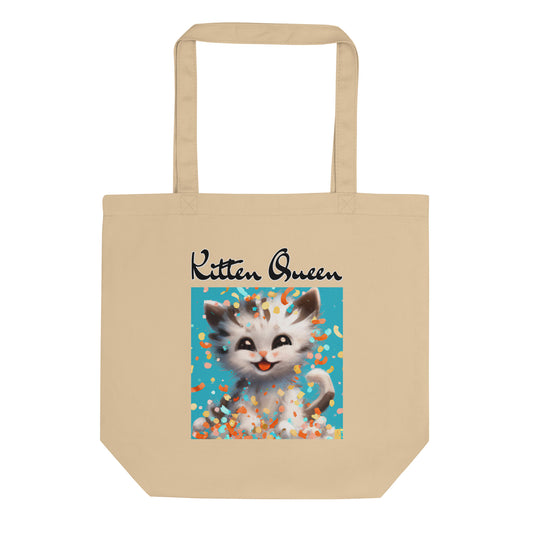 Eco Tote Bag with Happy Kitten With Confetti with text "Kitten Queen" at $26.97 found at Personalizedpetlovergifts