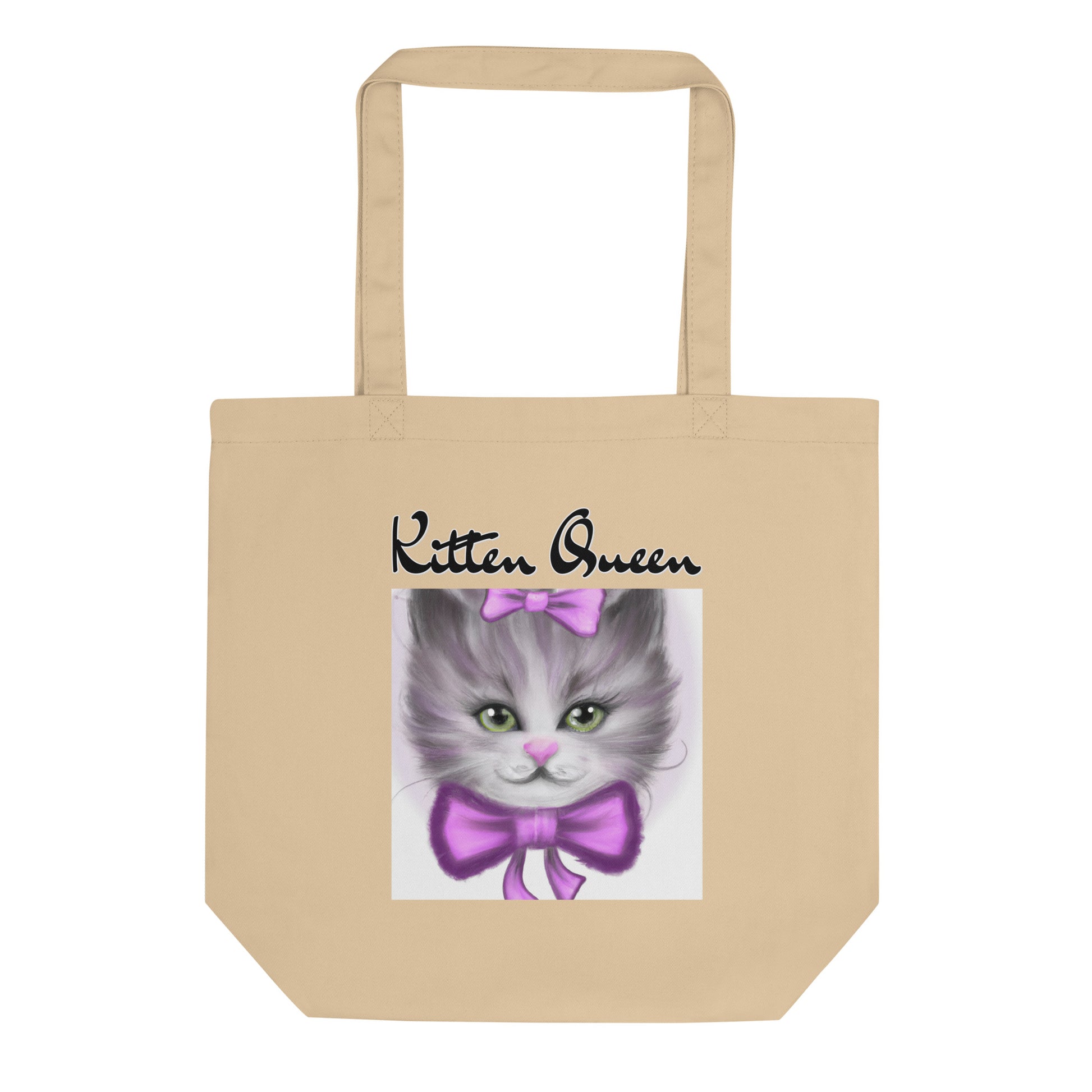 Eco Tote Bag with Happy Kitten With a Purple Bow with text "Kitten Queen" at $26.97 found at Personalizedpetlovergifts