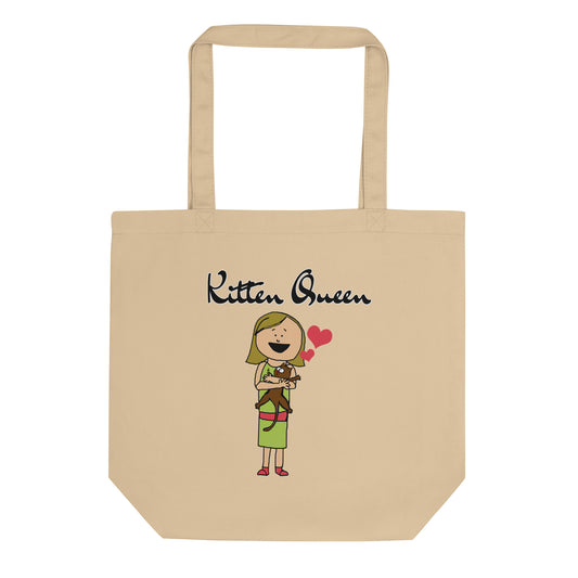 Eco Tote Bag with Girl Holding a Kitten with text "Kitten Queen" at $26.97 found at Personalizedpetlovergifts