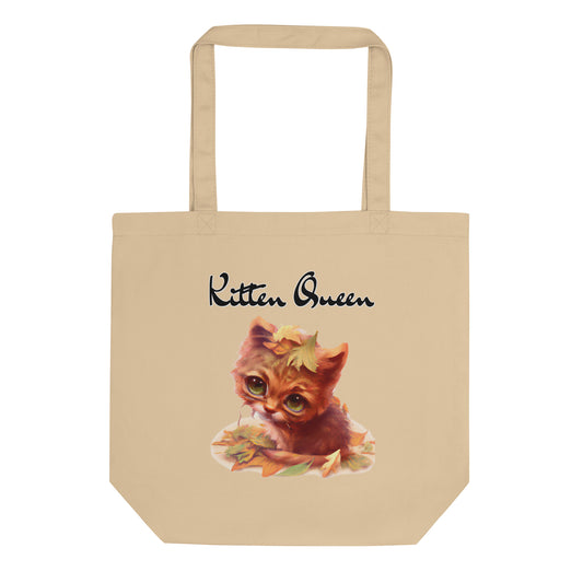 Eco Tote Bag with Ginger Cat With Autumn Leaves with text "Kitten Queen" at $26.97 found at Personalizedpetlovergifts