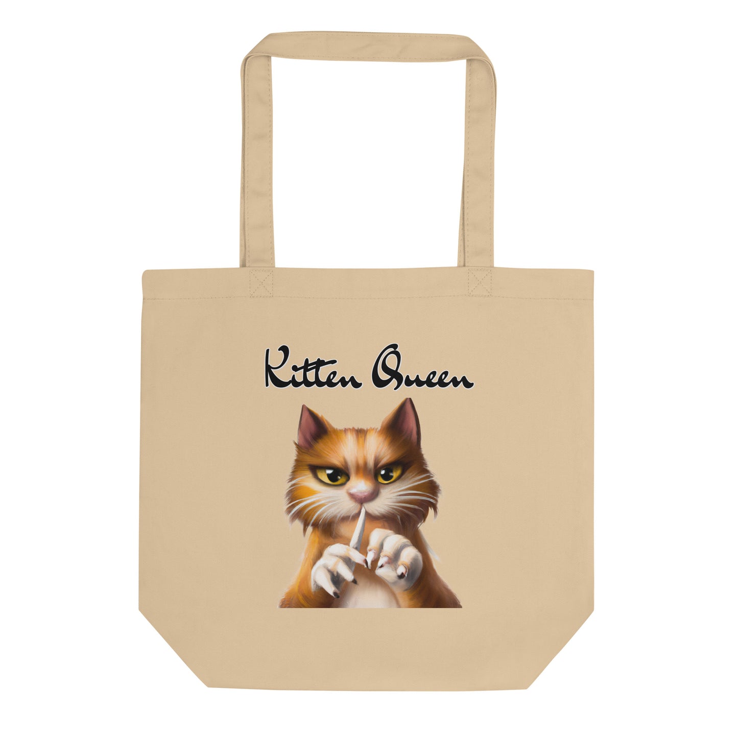 Eco Tote Bag with Ginger Cat Filing Its Nails with text "Kitten Queen" at $26.97 found at Personalizedpetlovergifts