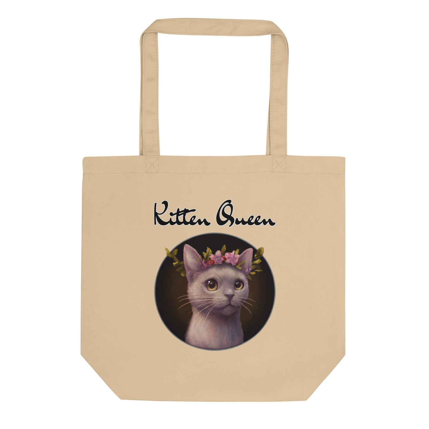 Eco Tote Bag with Gentle Cat With Pink Floral Headpiece with text "Kitten Queen" at $26.97 found at Personalizedpetlovergifts