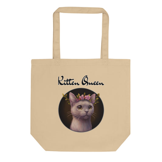 Eco Tote Bag with Gentle Cat With Pink Floral Headpiece with text "Kitten Queen" at $26.97 found at Personalizedpetlovergifts