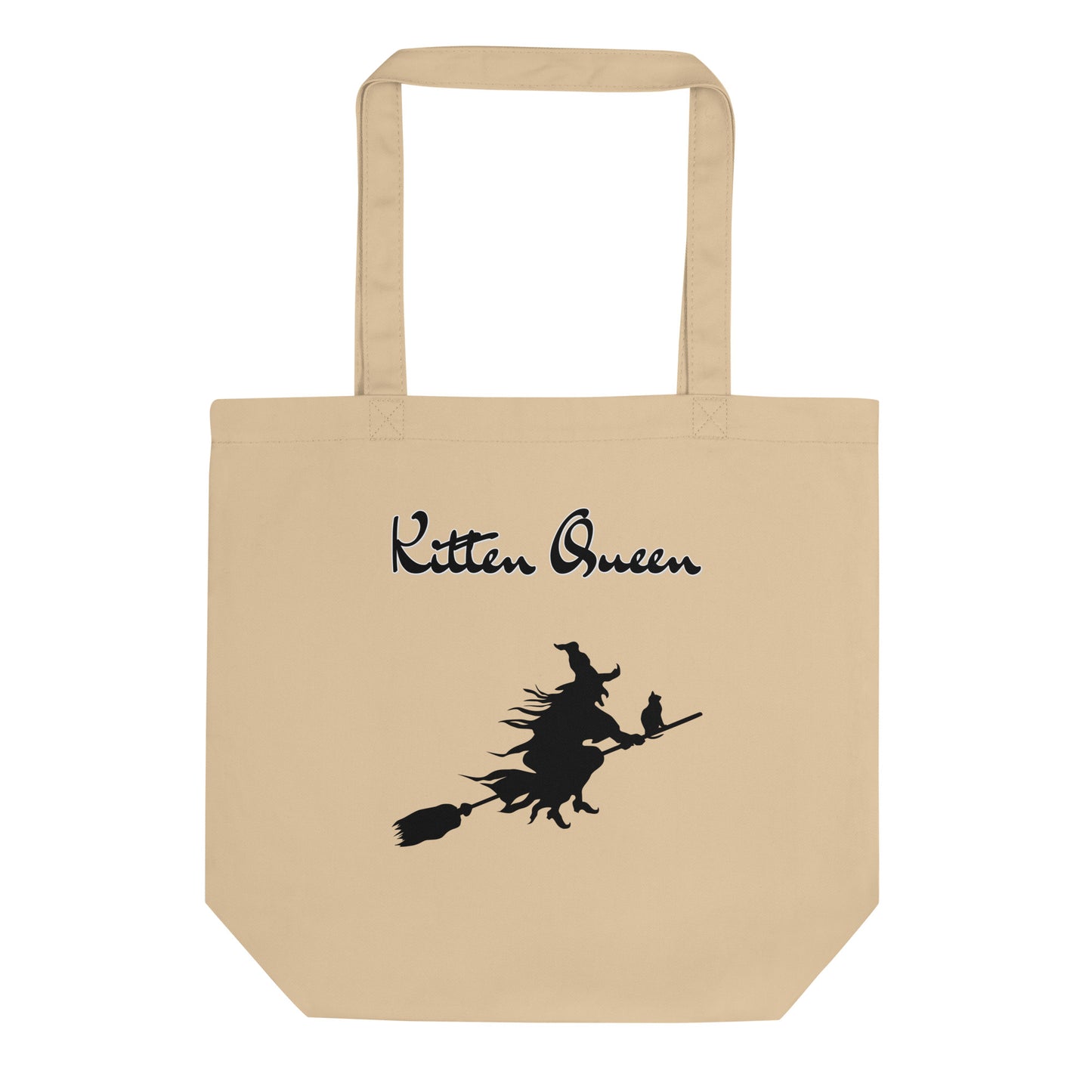 Eco Tote Bag with Flying Witch With Cat On a Broom with text "Kitten Queen" at $26.97 found at Personalizedpetlovergifts