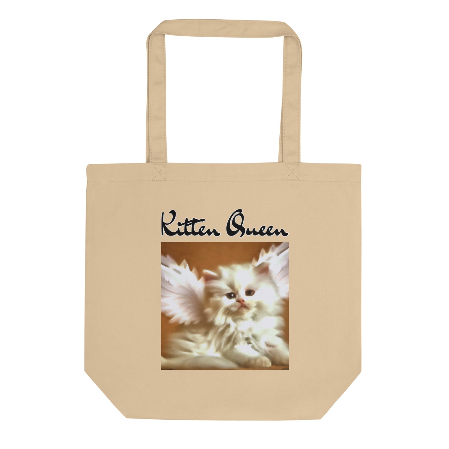 Eco Tote Bag with Fluffy White Kitten With Angel Wings with text "Kitten Queen" at $26.97 found at Personalizedpetlovergifts