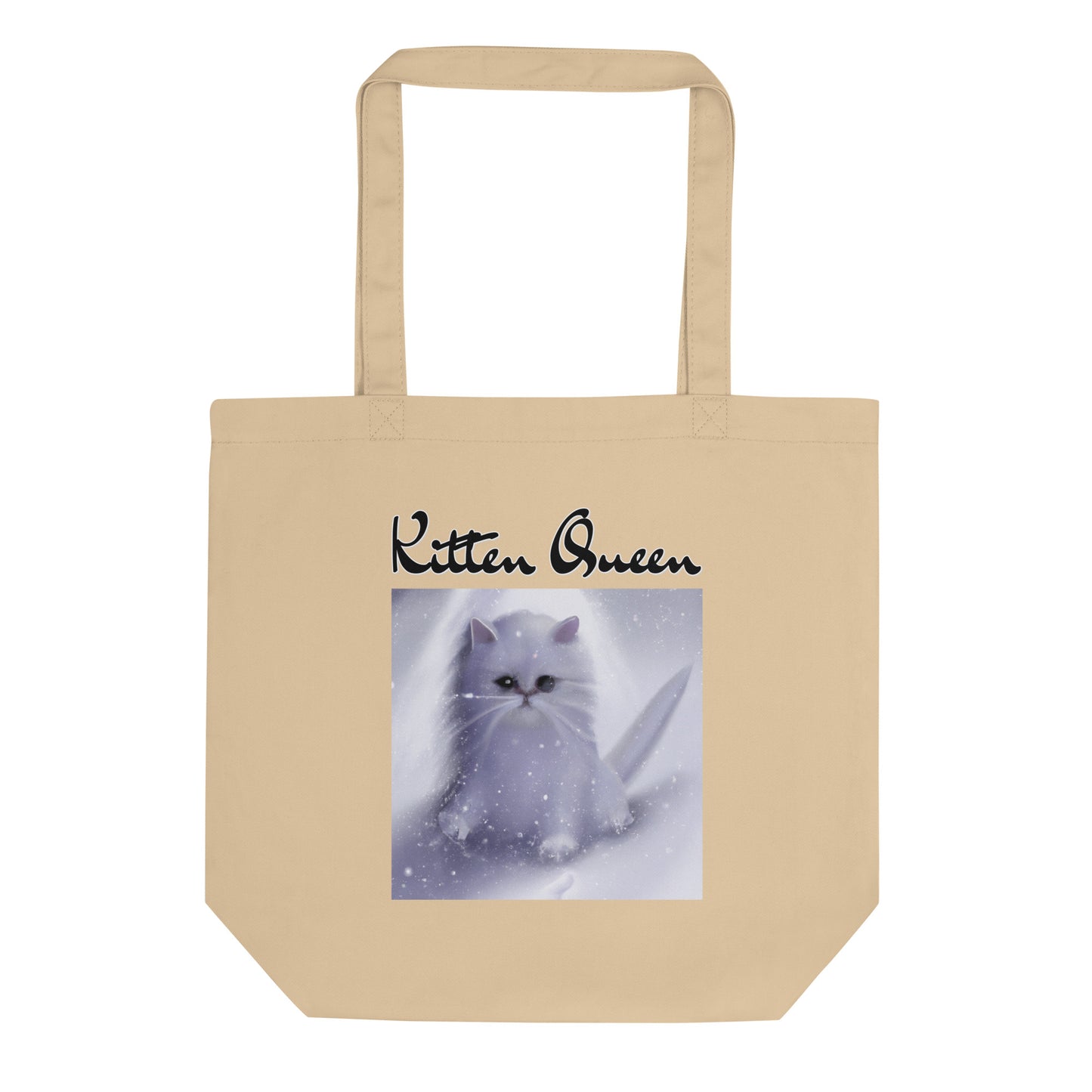 Eco Tote Bag with Fluffy White Kitten In The SNow with text "Kitten Queen" at $26.97 found at Personalizedpetlovergifts