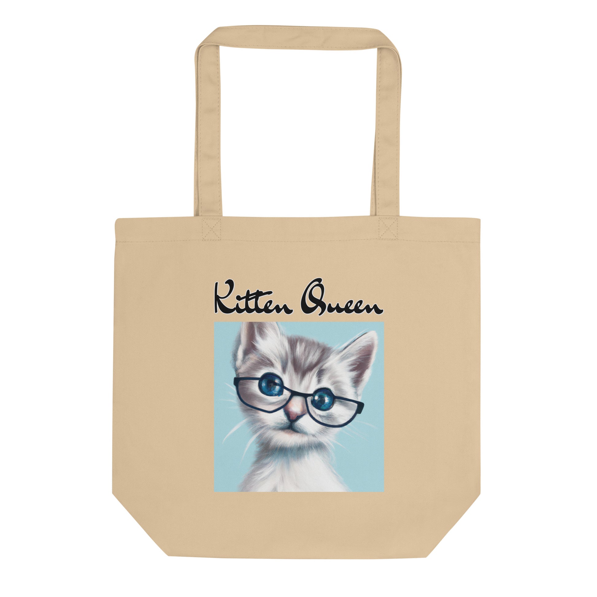 Eco Tote Bag with Fluffy Kitten With Glasses with text "Kitten Queen" at $26.97 found at Personalizedpetlovergifts