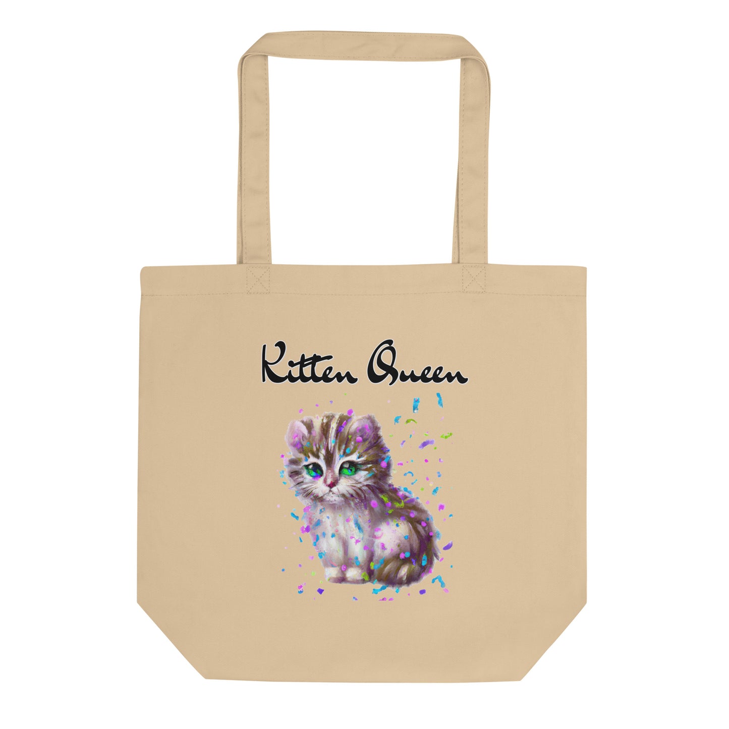 Eco Tote Bag with Fluffy Kitten With Confetti with text "Kitten Queen" at $26.97 found at Personalizedpetlovergifts