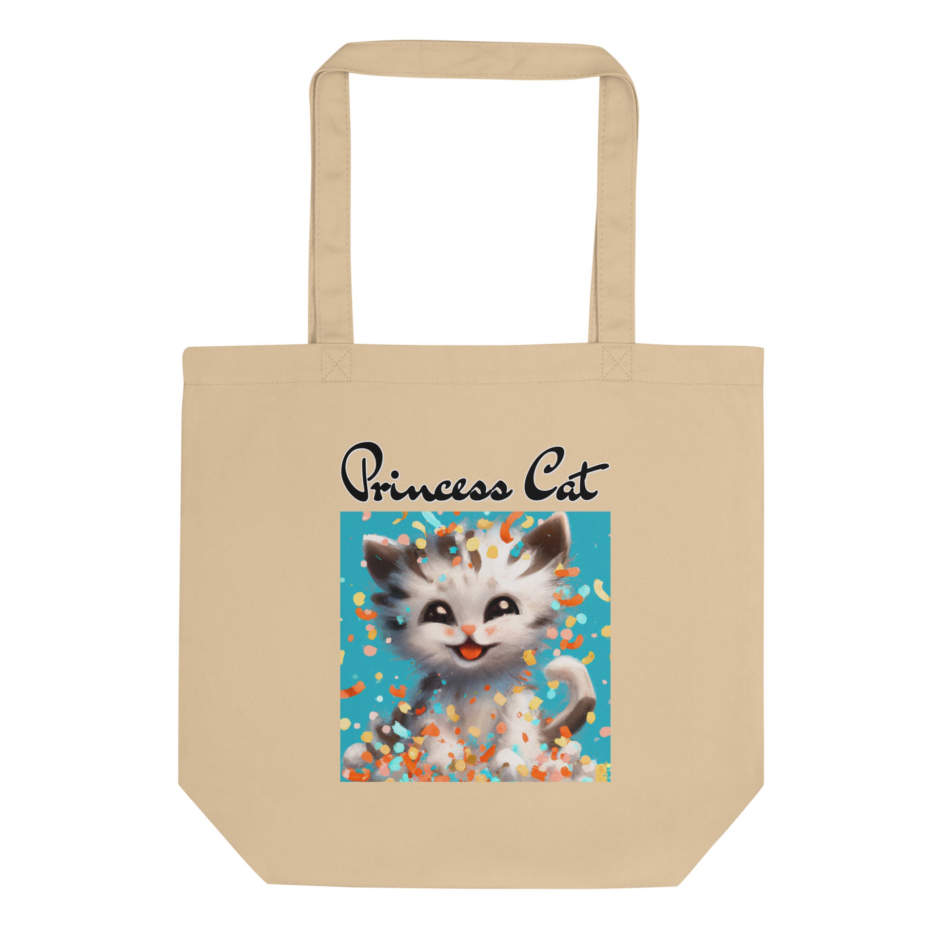 Eco Tote Bag with Happy Kitten With Confetti with text "Princess Cat" at $26.97 found at Personalizedpetlovergifts