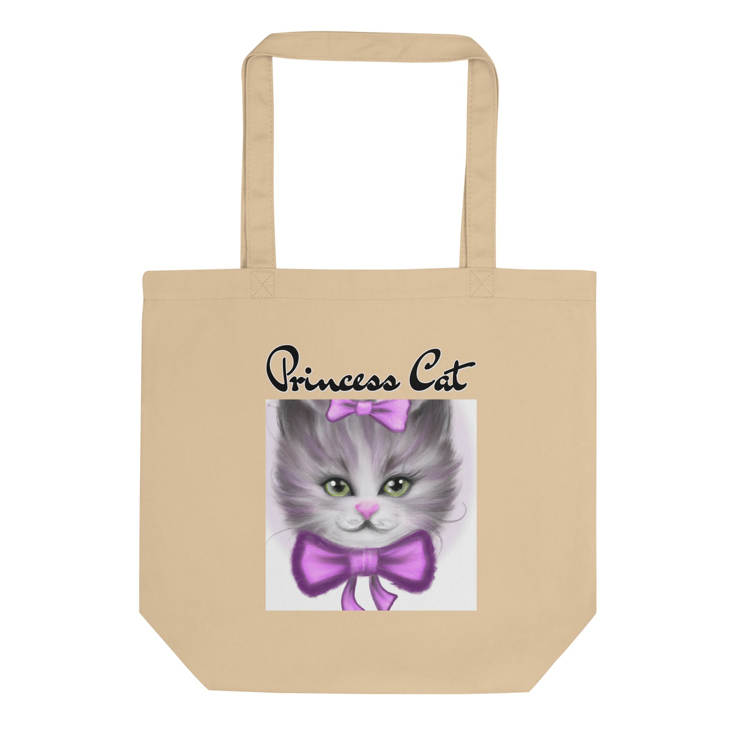 Eco Tote Bag with Happy Kitten With a Purple Bow with text "Princess Cat" at $26.97 found at Personalizedpetlovergifts