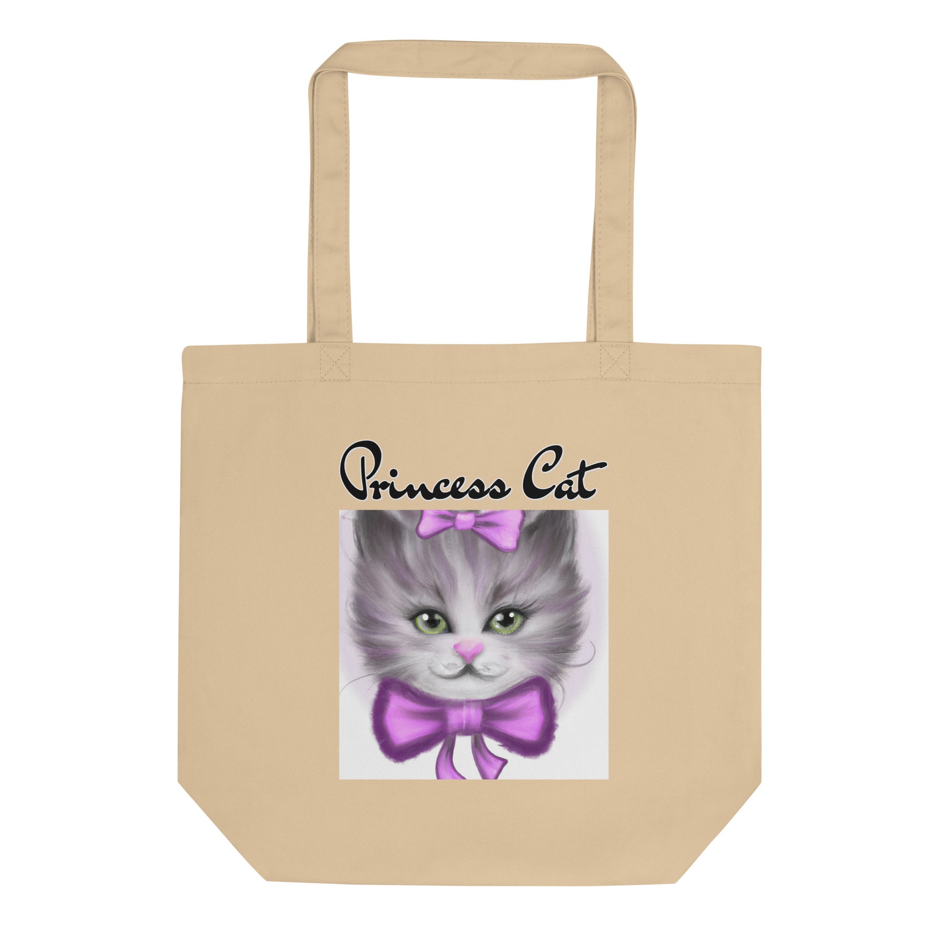 Eco Tote Bag with Happy Kitten With a Purple Bow with text "Princess Cat" at $26.97 found at Personalizedpetlovergifts