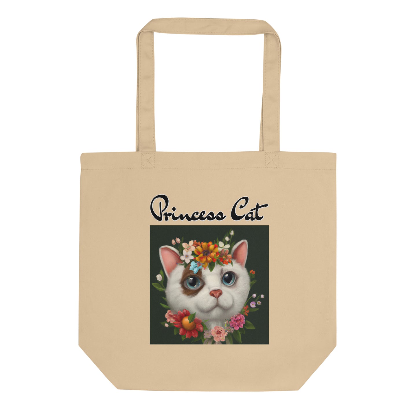 Eco Tote Bag with Happy Cat Portrait With Flowers with text "Princess Cat" at $26.97 found at Personalizedpetlovergifts