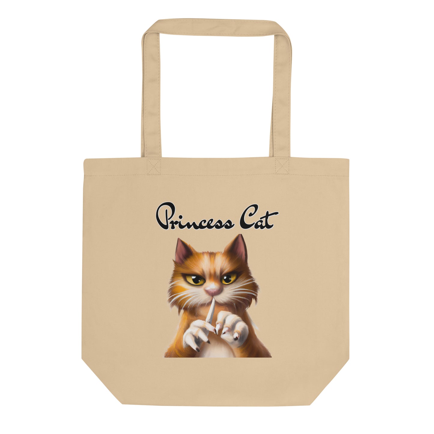 Eco Tote Bag with Ginger Cat Filing Its Nails with text "Princess Cat" at $26.97 found at Personalizedpetlovergifts