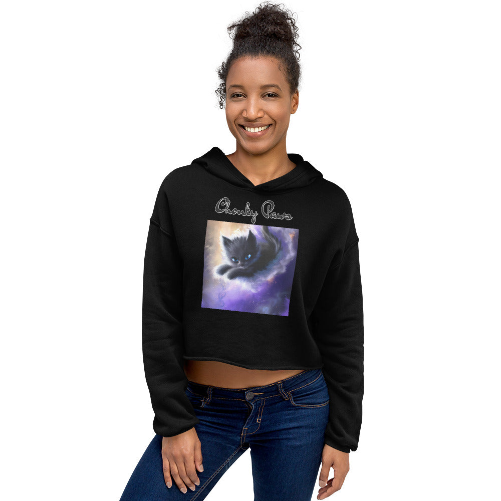 Women's Cropped Hoodie with Kitten In A Cosmic Cloud with text "Chonky Paws" at $48.99 found at Personalizedpetlovergifts