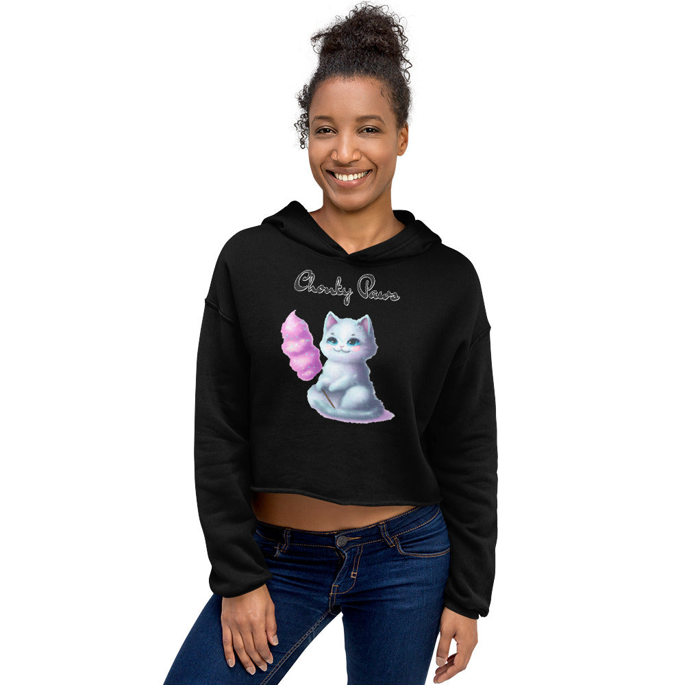 Women's Cropped Hoodie with Kitten Holding A Cotton Candy with text "Chonky Paws" at $48.99 found at Personalizedpetlovergifts