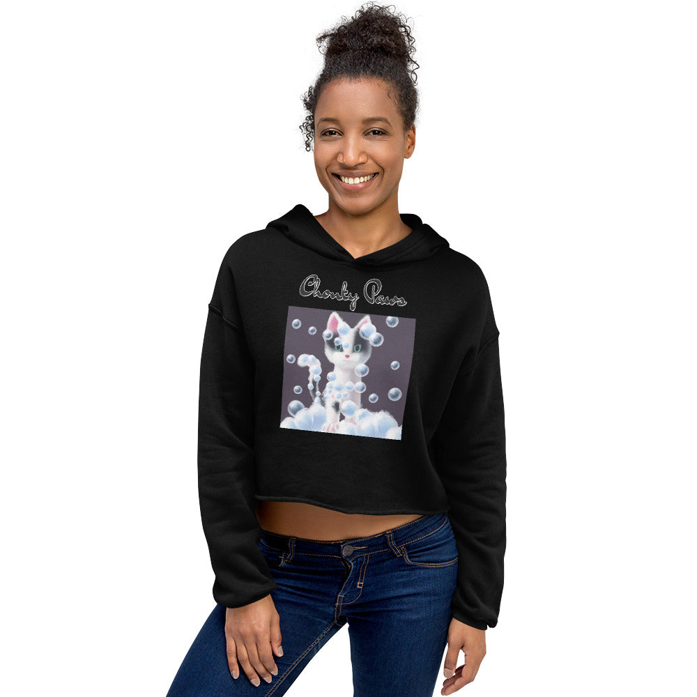 Women's Cropped Hoodie with Kitten Covered In Bubbles with text "Chonky Paws" at $48.99 found at Personalizedpetlovergifts