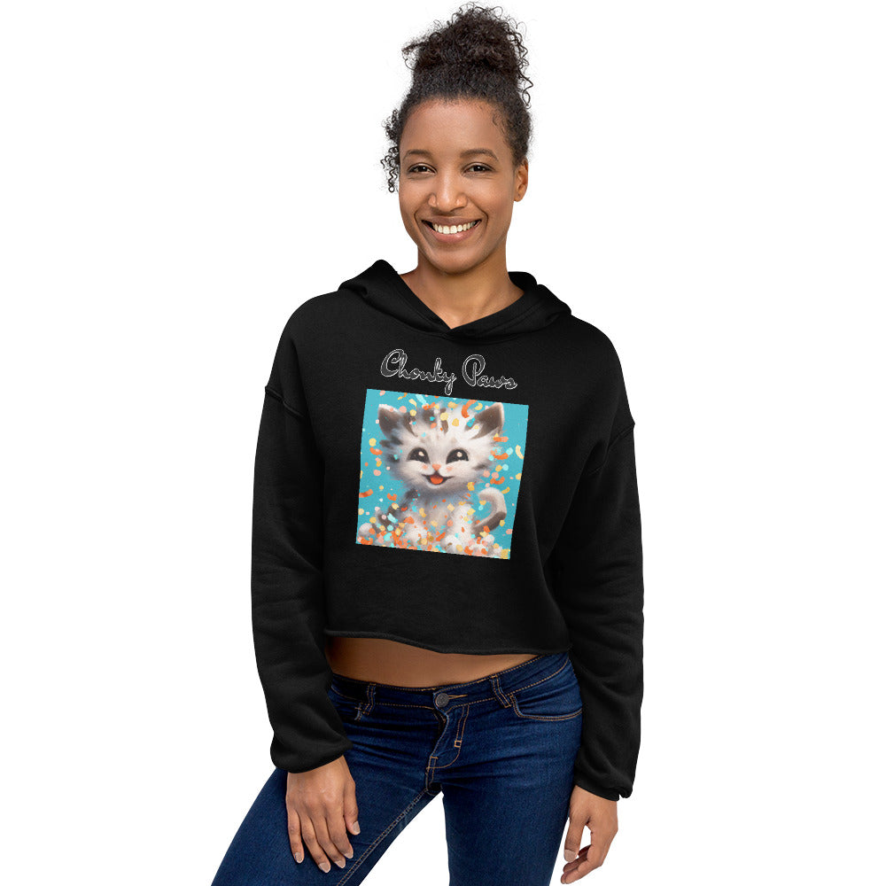 Women's Cropped Hoodie with Happy Kitten With Confetti with text "Chonky Paws" at $48.99 found at Personalizedpetlovergifts