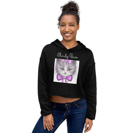 Women's Cropped Hoodie with Happy Kitten With a Purple Bow with text "Chonky Paws" at $48.99 found at Personalizedpetlovergifts