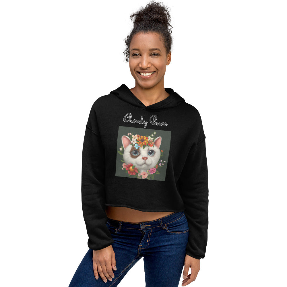 Women's Cropped Hoodie with Happy Cat Portrait With Flowers with text "Chonky Paws" at $48.99 found at Personalizedpetlovergifts