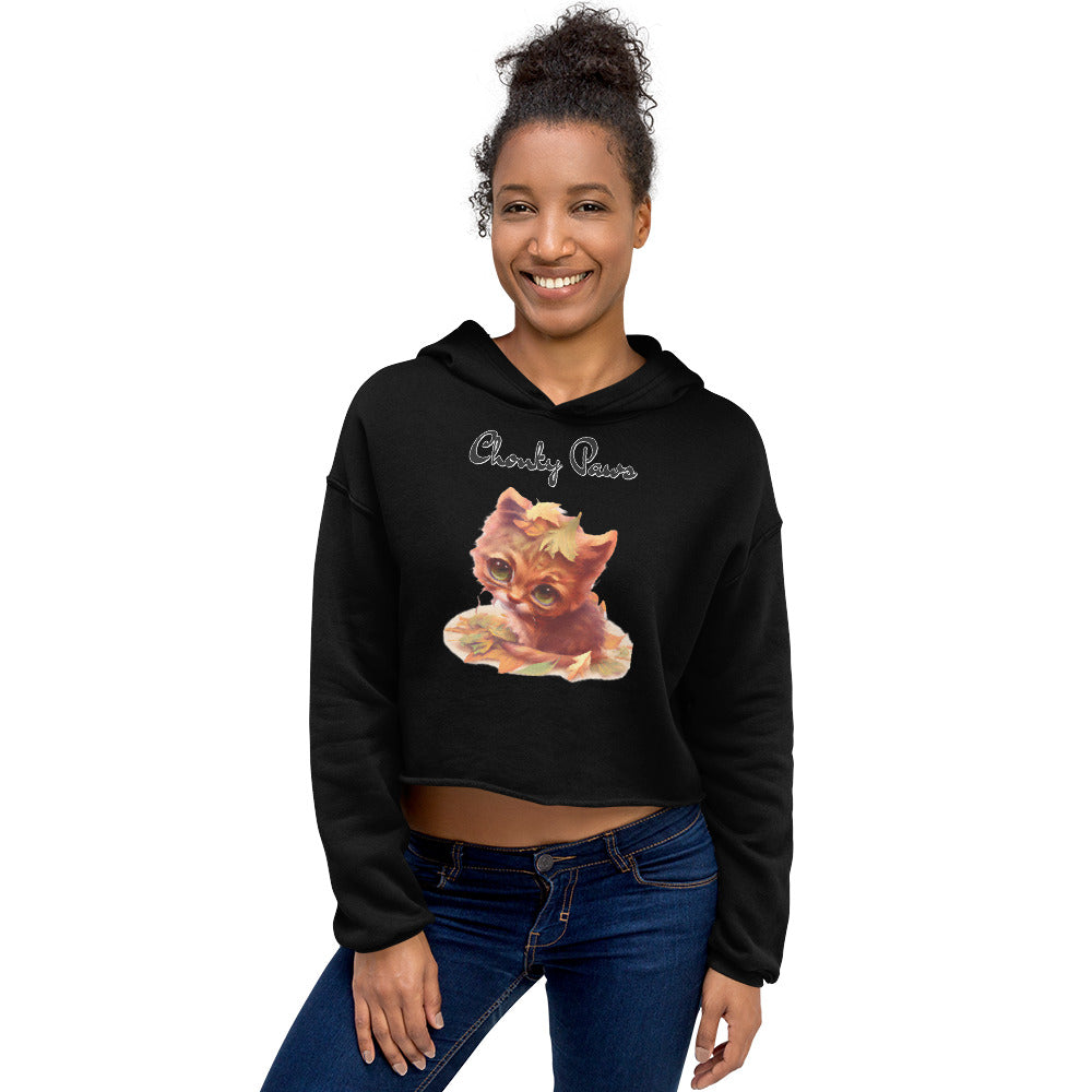 Women's Cropped Hoodie with Ginger Cat With Autumn Leaves with text "Chonky Paws" at $48.99 found at Personalizedpetlovergifts