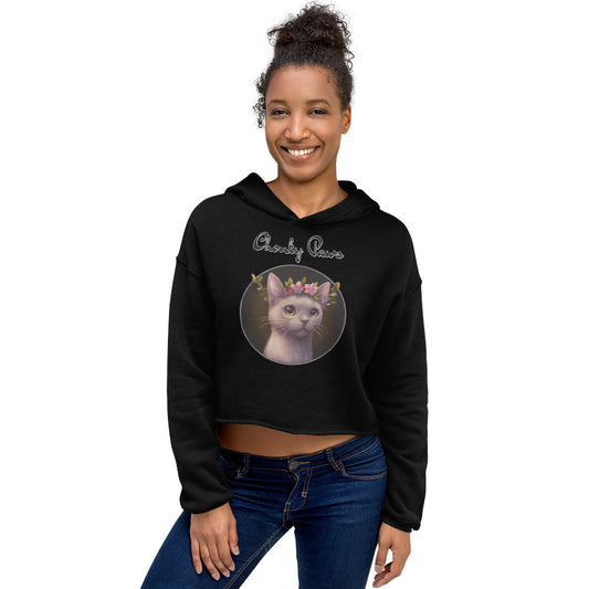 Women's Cropped Hoodie with Gentle Cat With Pink Floral Headpiece with text "Chonky Paws" at $48.99 found at Personalizedpetlovergifts