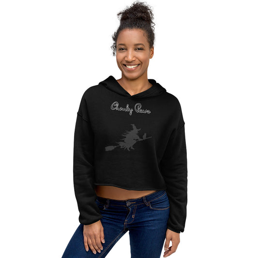 Women's Cropped Hoodie with Flying Witch With Cat On a Broom with text "Chonky Paws" at $48.99 found at Personalizedpetlovergifts