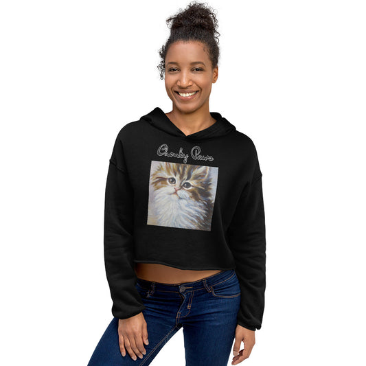 Women's Cropped Hoodie with Fluffy Wispy Kitten Oil Painting with text "Chonky Paws" at $48.99 found at Personalizedpetlovergifts