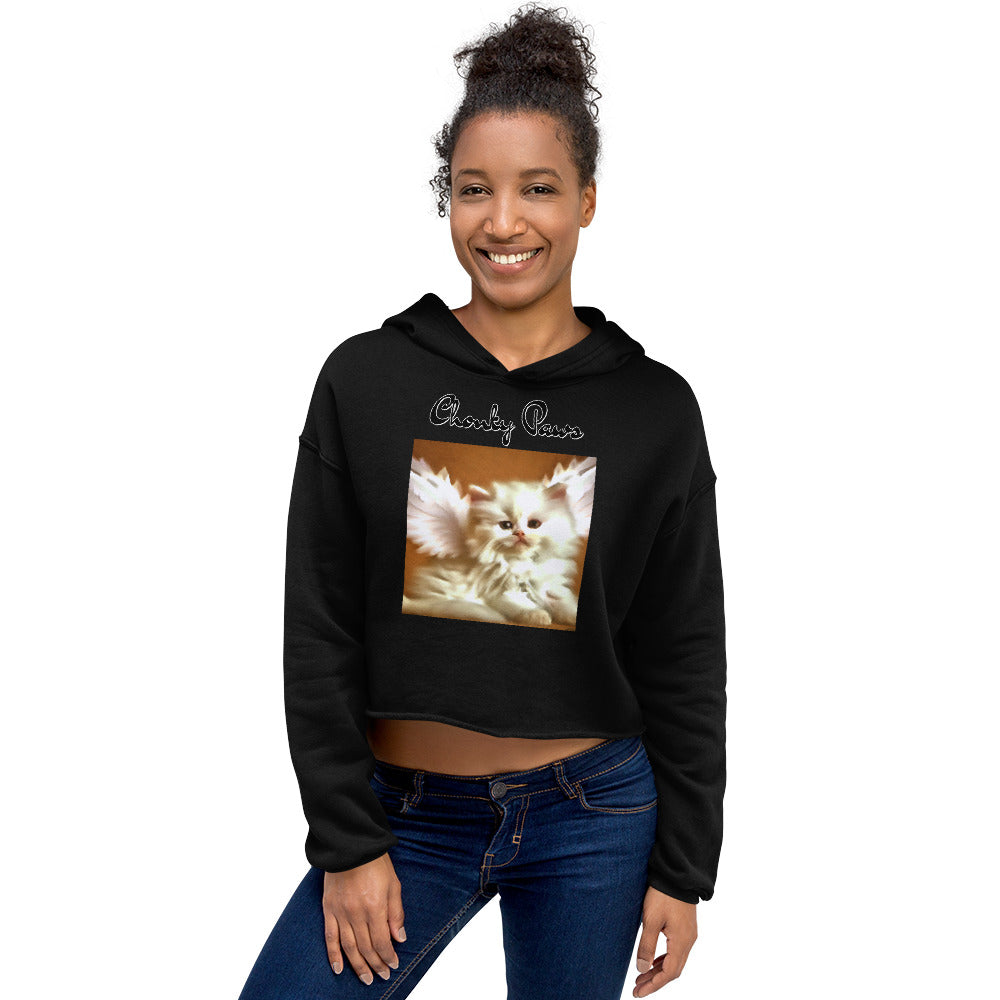 Women's Cropped Hoodie with Fluffy White Kitten With Angel Wings with text "Chonky Paws" at $48.99 found at Personalizedpetlovergifts