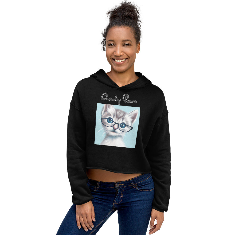 Women's Cropped Hoodie with Fluffy Kitten With Glasses with text "Chonky Paws" at $48.99 found at Personalizedpetlovergifts