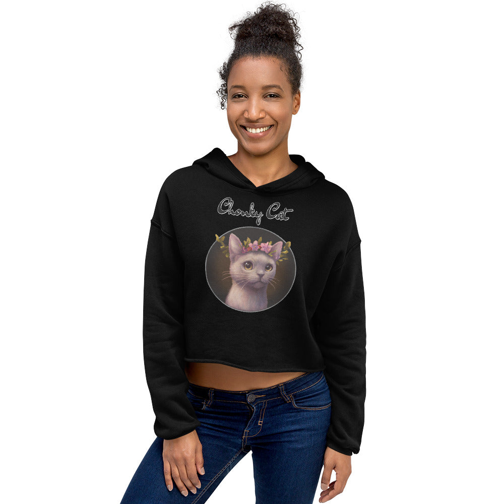 Women's Cropped Hoodie with Gentle Cat With Pink Floral Headpiece with text "Chonky Cat" at $48.99 found at Personalizedpetlovergifts