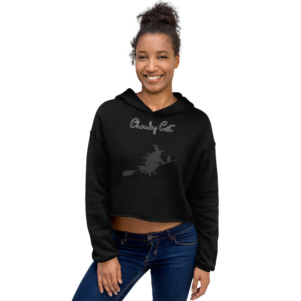 Women's Cropped Hoodie with Flying Witch With Cat On a Broom with text "Chonky Cat" at $48.99 found at Personalizedpetlovergifts