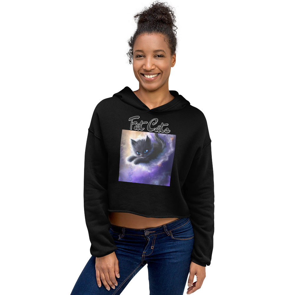 Women's Cropped Hoodie with Kitten In A Cosmic Cloud with text "Fat Cats" at $48.99 found at Personalizedpetlovergifts