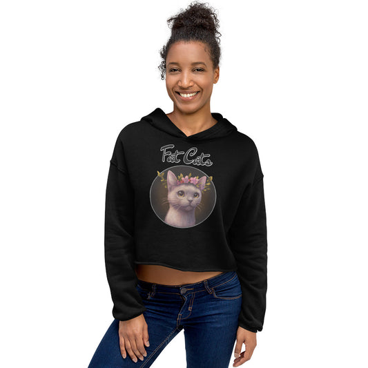 Women's Cropped Hoodie with Gentle Cat With Pink Floral Headpiece with text "Fat Cats" at $48.99 found at Personalizedpetlovergifts