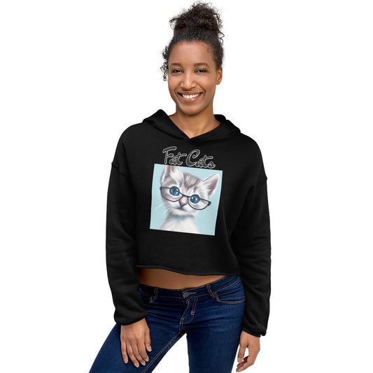 Women's Cropped Hoodie with Fluffy Kitten With Glasses with text "Fat Cats" at $48.99 found at Personalizedpetlovergifts