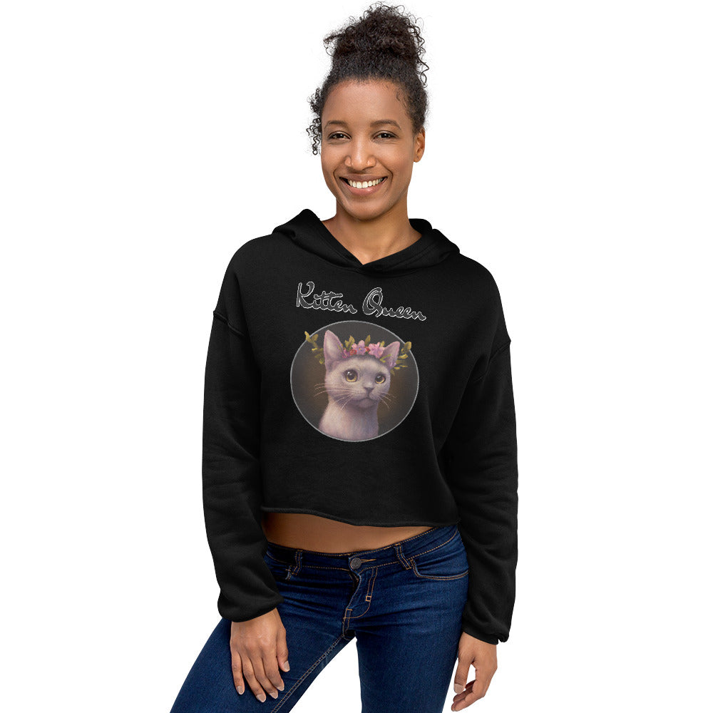 Women's Cropped Hoodie with Gentle Cat With Pink Floral Headpiece with text "Kitten Queen" at $48.99 found at Personalizedpetlovergifts