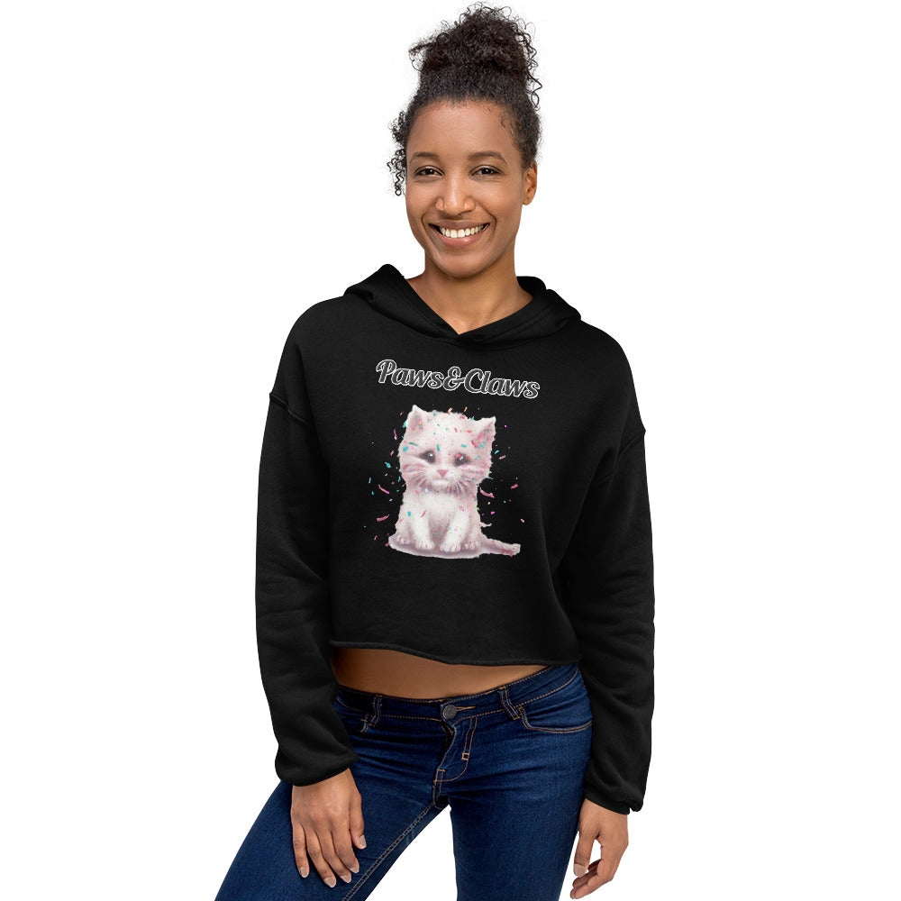 Women's Cropped Hoodie with text White Kitten With Confetti with a text "Paws&Claws" at $48.99 found at Personalizedpetlovergifts