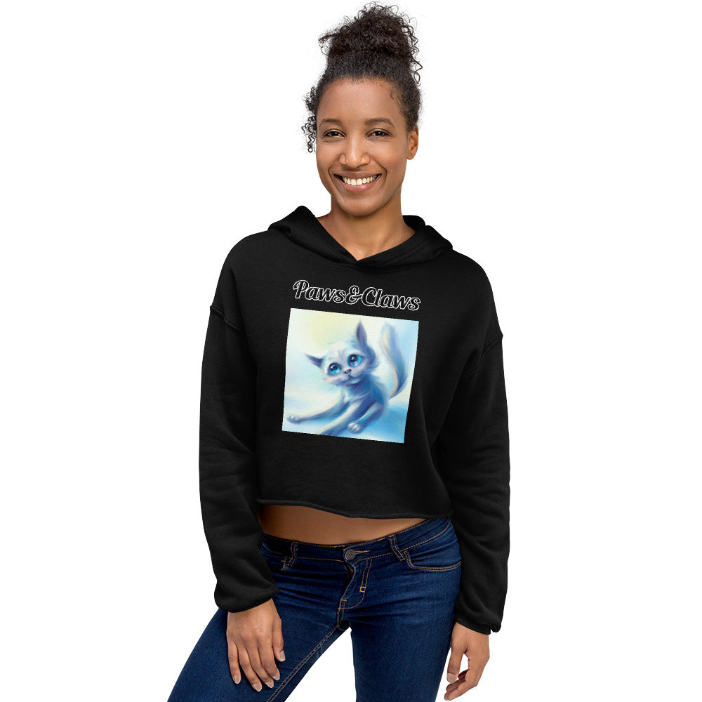 Women's Cropped Hoodie with text White Kitten Stretching with a text "Paws&Claws" at $48.99 found at Personalizedpetlovergifts