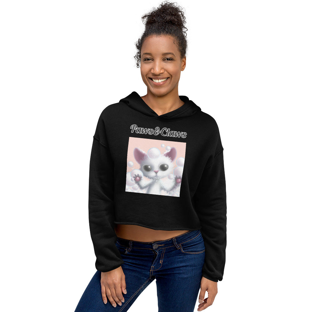 Women's Cropped Hoodie with text White Kitten Playing With Bubbles with a text "Paws&Claws" at $48.99 found at Personalizedpetlovergifts