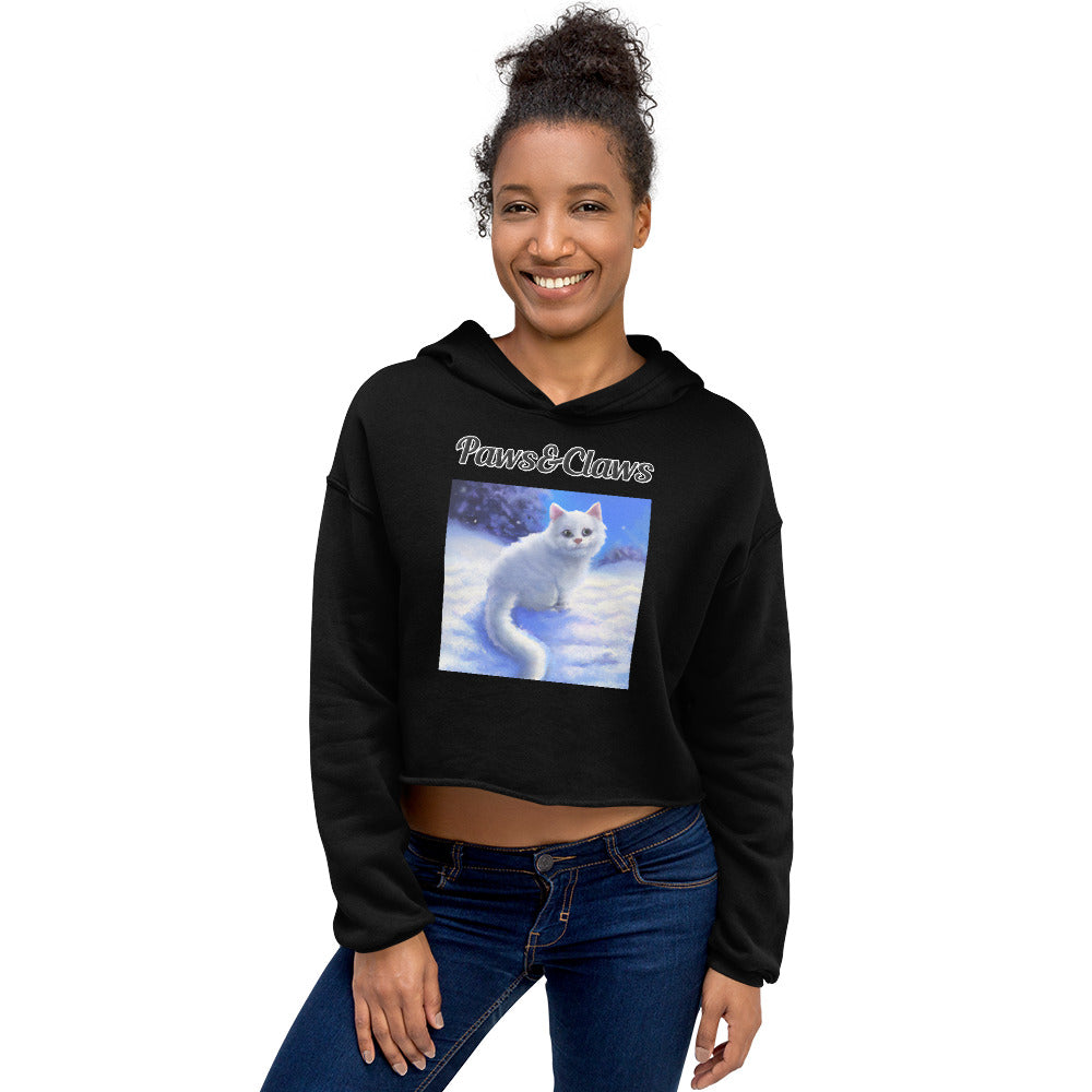 Women's Cropped Hoodie with text White Kitten In Winter with a text "Paws&Claws" at $48.99 found at Personalizedpetlovergifts