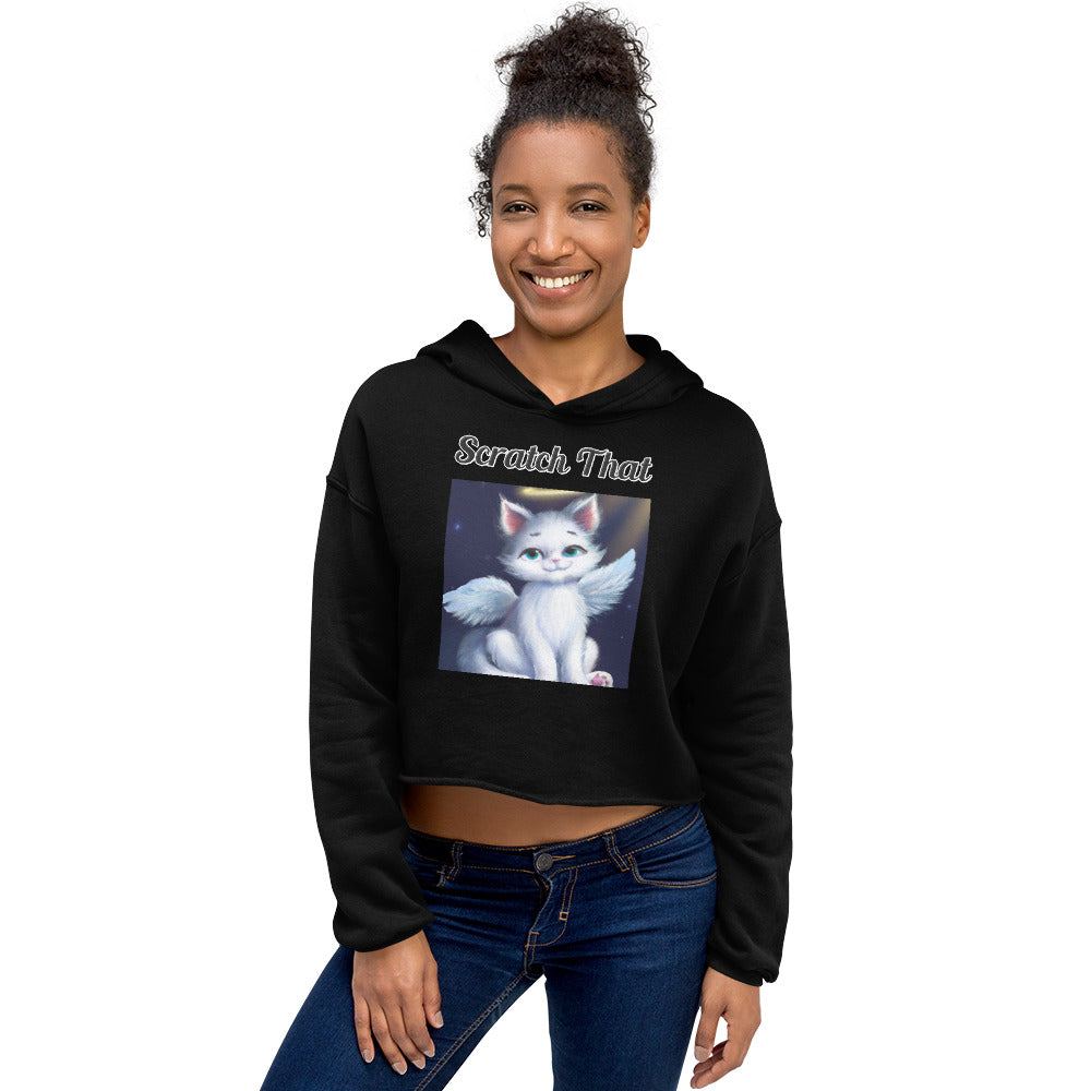 Women's Cropped Hoodie with text White Angel Cat with a text "Scratch That" at $48.99 found at Personalizedpetlovergifts