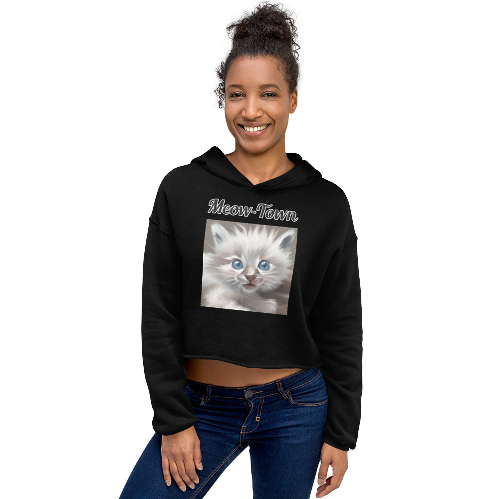 Women's Cropped Hoodie with text Wispy Kitten Painting with a text "Meow-Town" at $48.99 found at Personalizedpetlovergifts