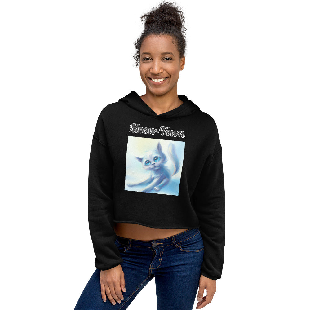 Women's Cropped Hoodie with text White Kitten Stretching with a text "Meow-Town" at $48.99 found at Personalizedpetlovergifts