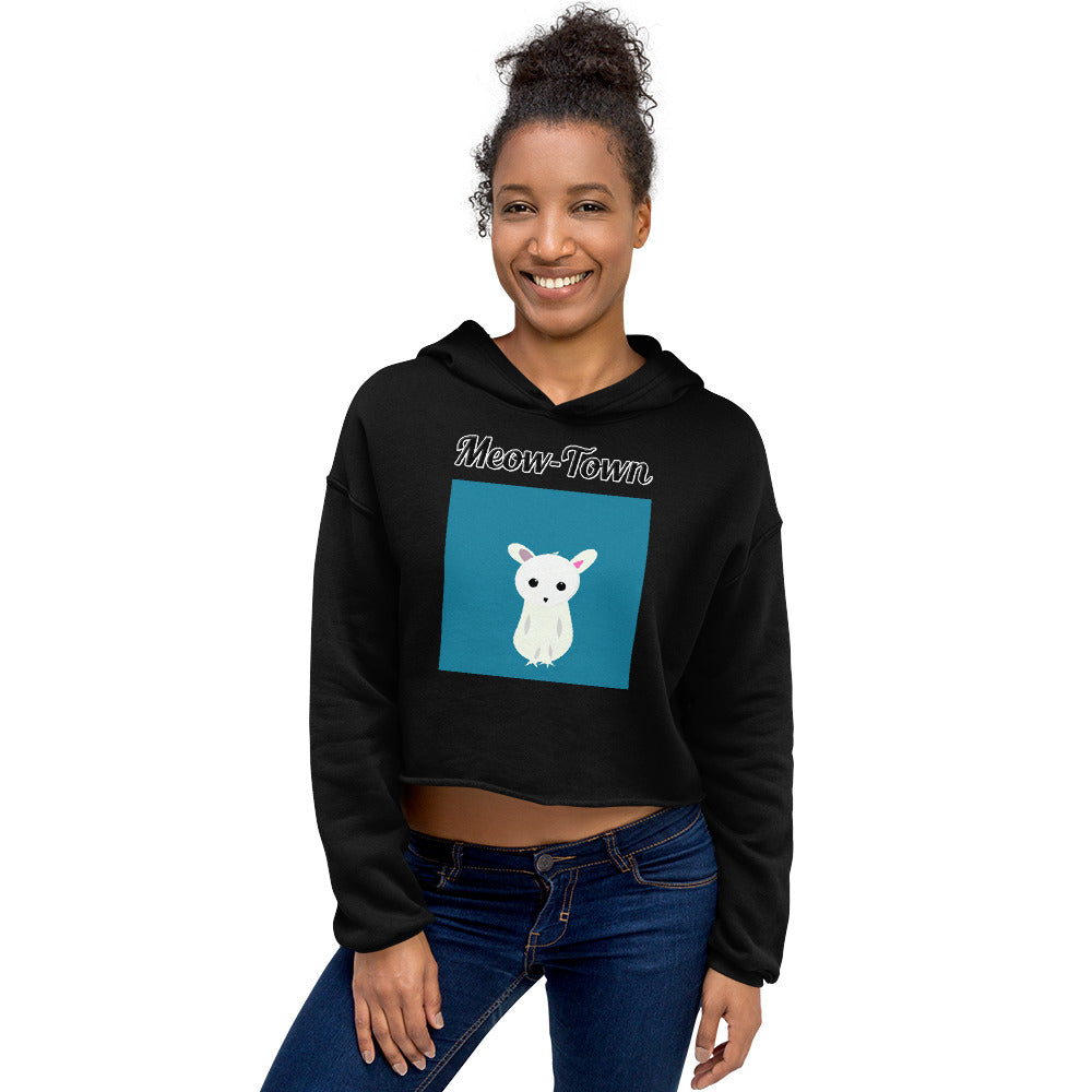 Women's Cropped Hoodie with text White Creature with a text "Meow-Town" at $48.99 found at Personalizedpetlovergifts